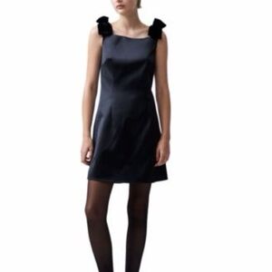 French Connection Carey satin black mini dress velvet bow straps NEW